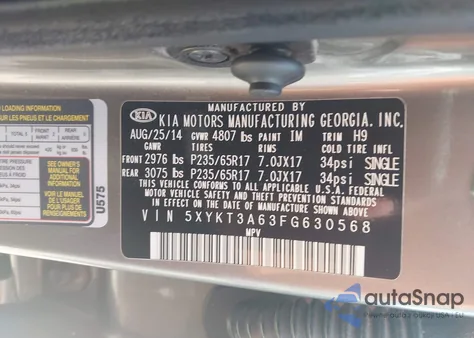 2015 Kia Sorento Lx z USA, uszkodzony, nr VIN 5XYKT3A63FG630568